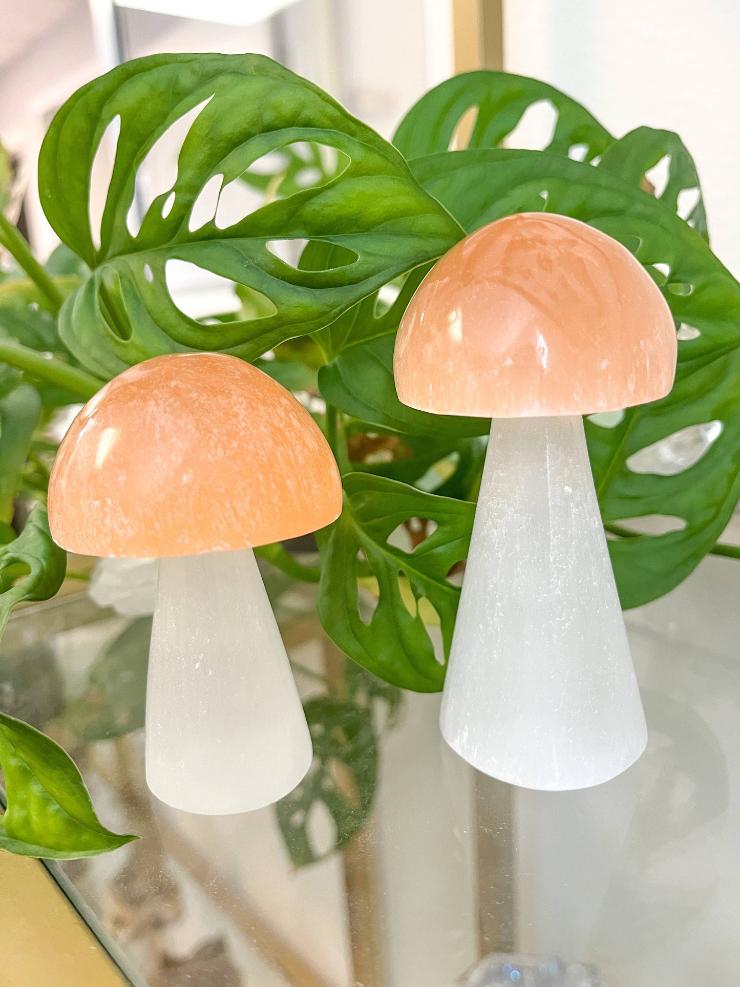 Peach Selenite Crystal Mushroom 4"