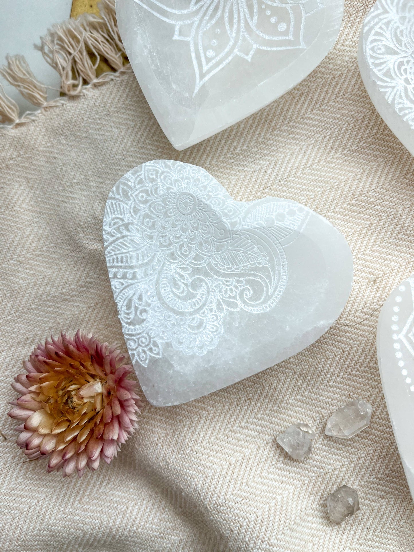 "Henna Prayer" Heart Selenite Crystal Dish Bowl (2.5")