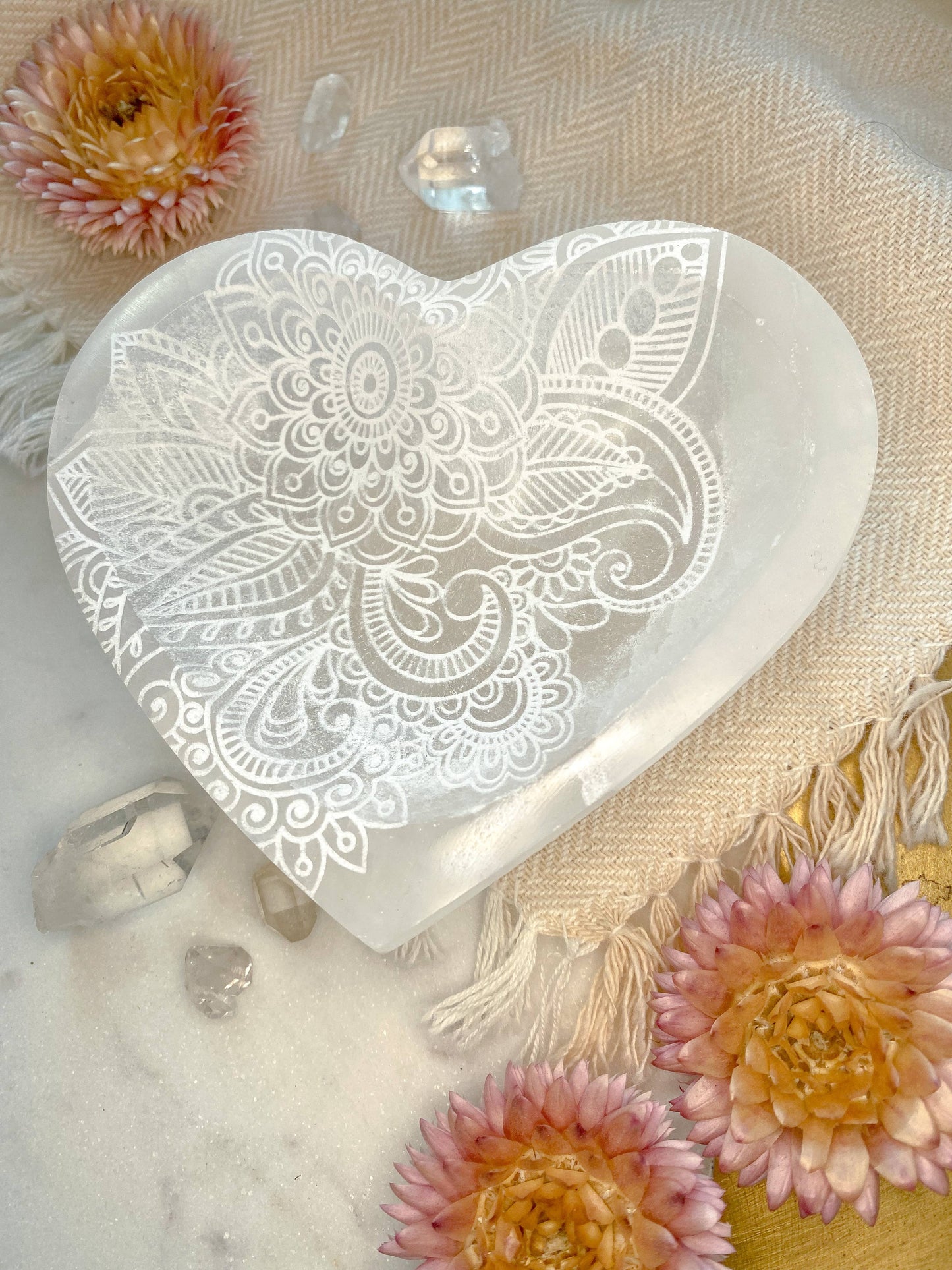 "Henna Prayer" Heart Selenite Crystal Dish Bowl (2.5")