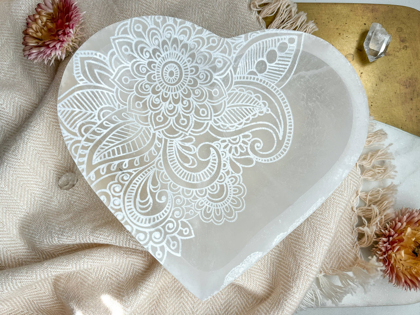 "Henna Prayer" Heart Selenite Crystal Dish Bowl (2.5")