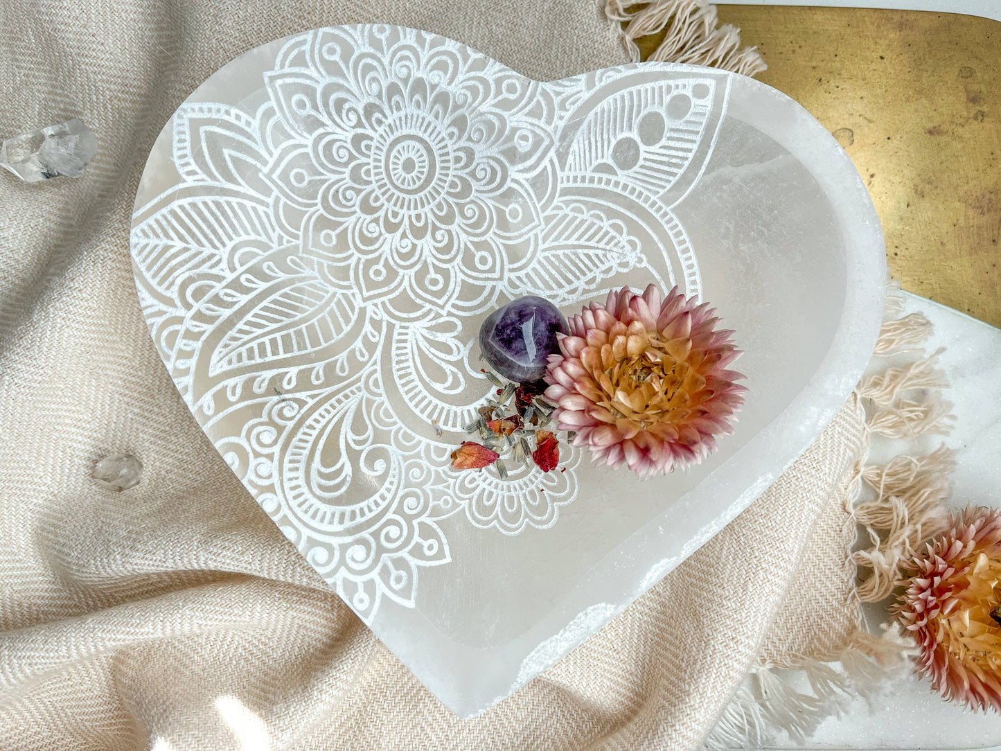 "Henna Prayer" Heart Selenite Crystal Dish Bowl (2.5")