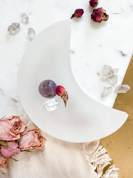 Moon Shaped Selenite Trinket Dish 3”