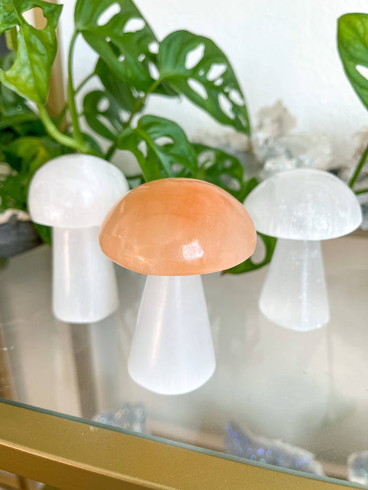 Peach Selenite Crystal Mushroom 4"